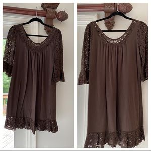 Brown cotton blend lace trimmed dress by Moda (VS)